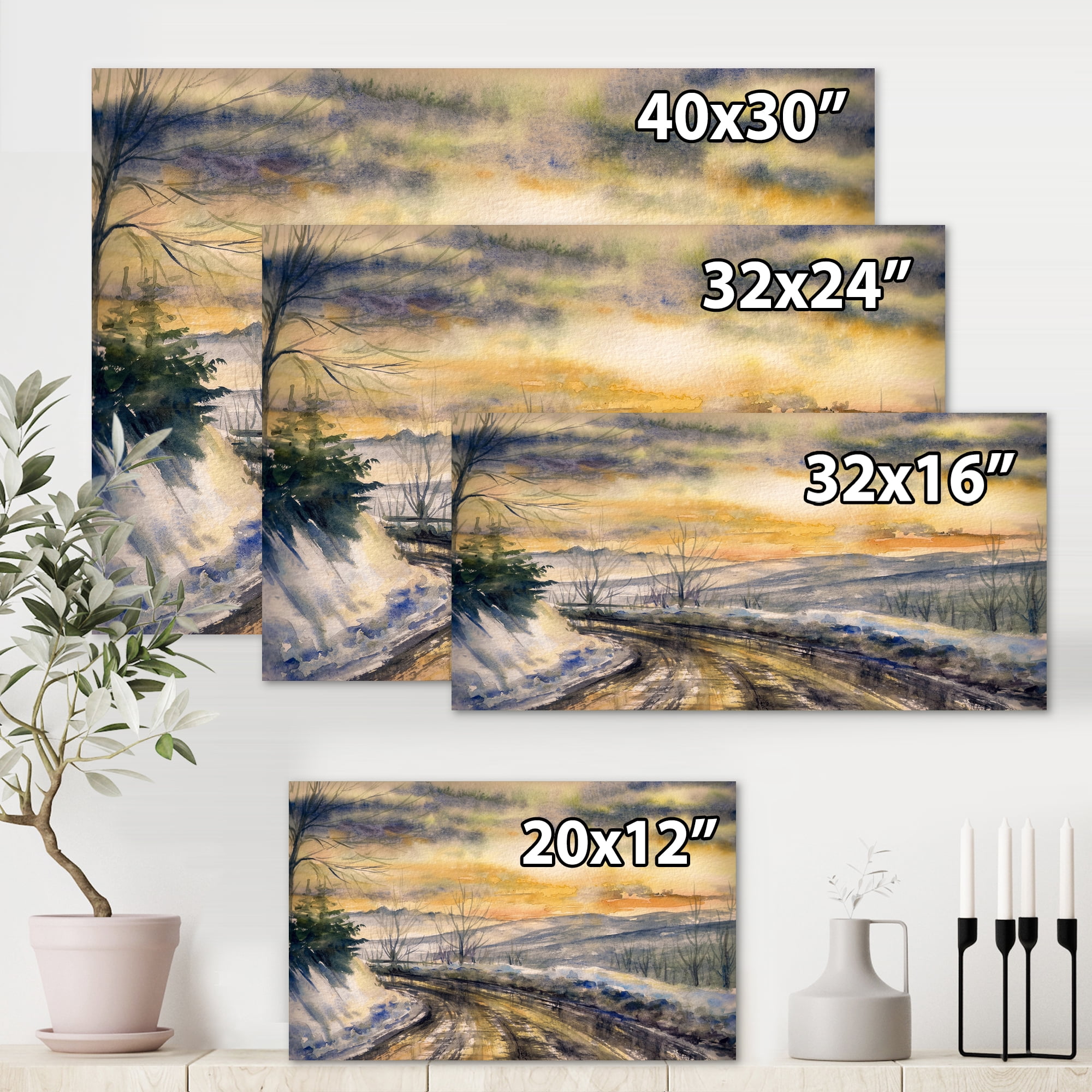 Designart ' Road Under Bright Sunset With Winter Landscape ' Traditional Canvas Wall Art Print