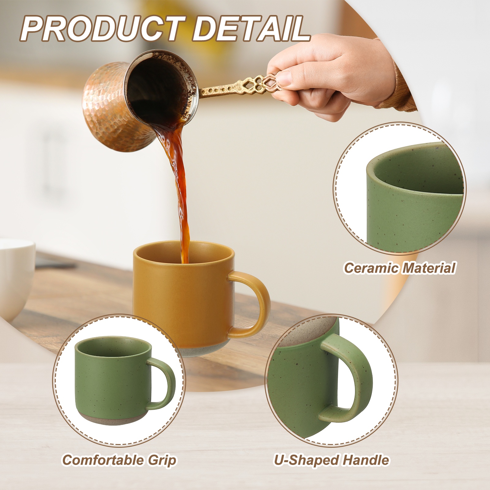 Uxcell Handmade Vintage Espresso Cups, 12 oz Ceramic Coffee Mug Stoneware Tea Cup with Handle Dishwasher and Microwave Safe for Latte Cappuccino Milk Office Home Gifts, Green