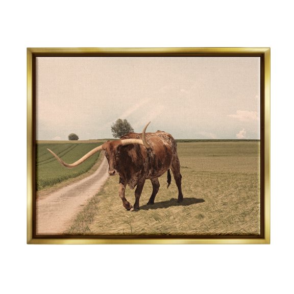 Stupell Industries Longhorn Cattle Grazing Scenic Countryside Landscape Photograph Metallic Gold Floating Framed Canvas Print Wall Art, Design by Marcus Prime