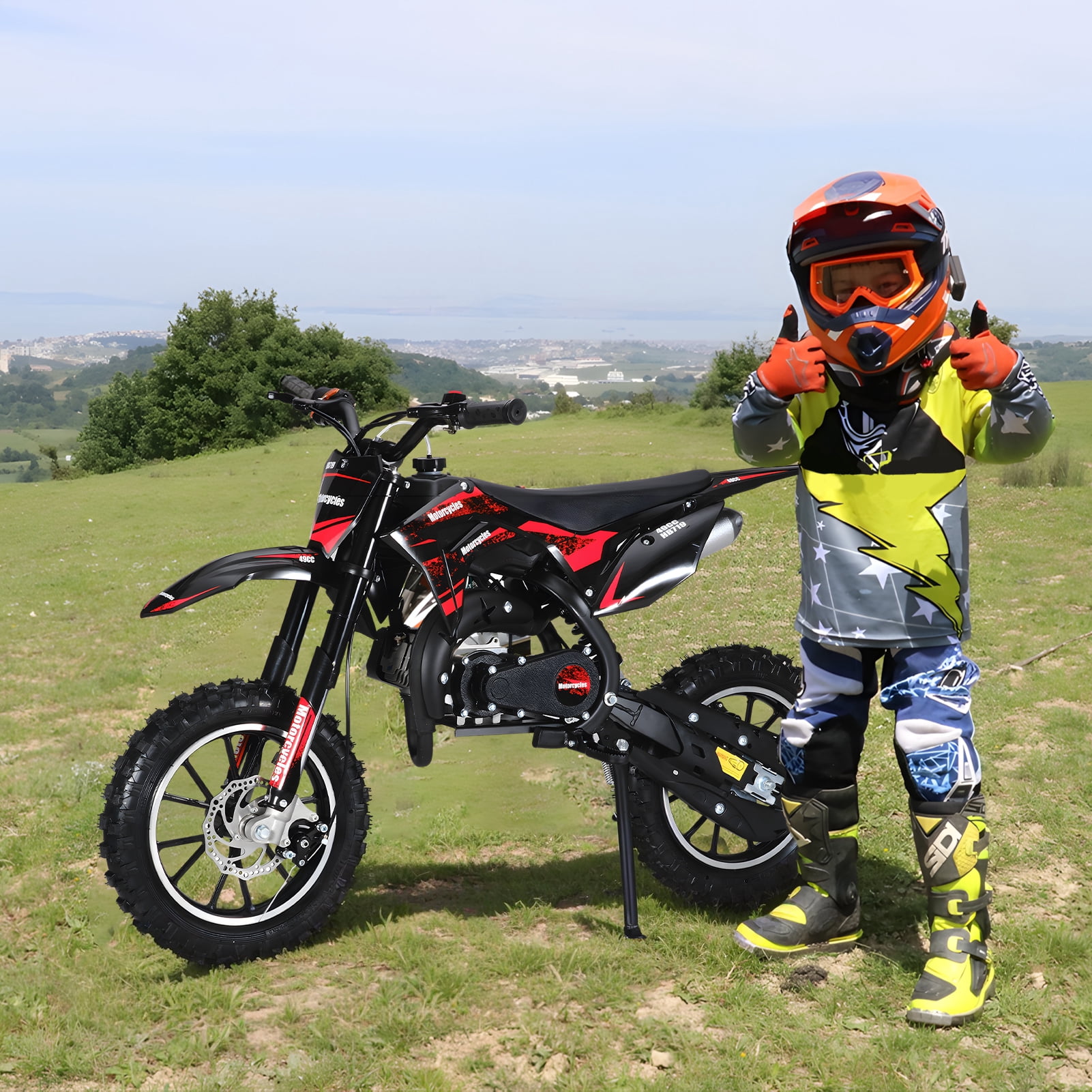 WETS 49cc 2-Stroke Youth Dirt Bike - Gas Powered with Hydraulic Suspension, 10" Off-Road Tires & High-Performance Engine (Red)
