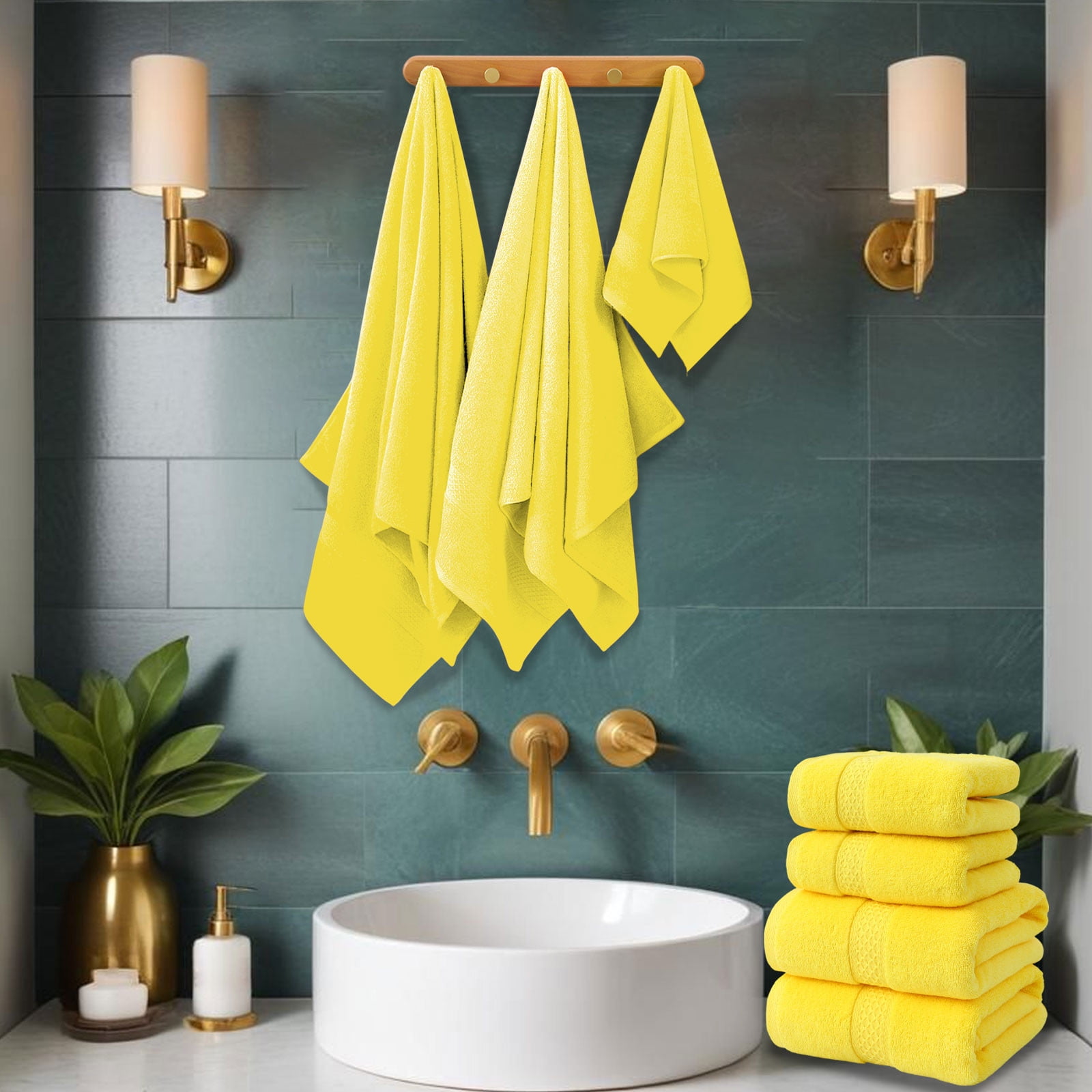 Beautynvta Cotton Plain 4 Piece Towels Set, Cotton Soft Absorbent Towels for Bathroom, 2 Bath Towels 2 Hand Towels, Yellow