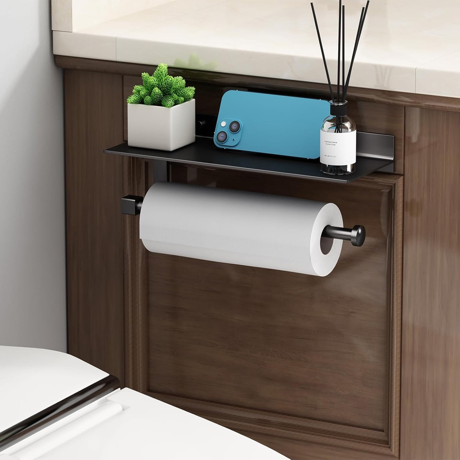 Paper Towel Holder,Paper Towel Holder Wall Mount,Under Cabinet Paper Towel Holder Suitable For Bathrooms/Kitchens, Condiments, Paper Towels, Paper Towel Holder With Shelf
