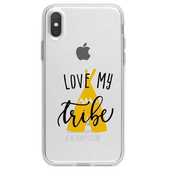 DistinctInk Clear Shockproof Hybrid Case for iPhone XR (6.1" Screen) - TPU Bumper Acrylic Back Tempered Glass Screen Protector - Love My Tribe - Yellow Teepee