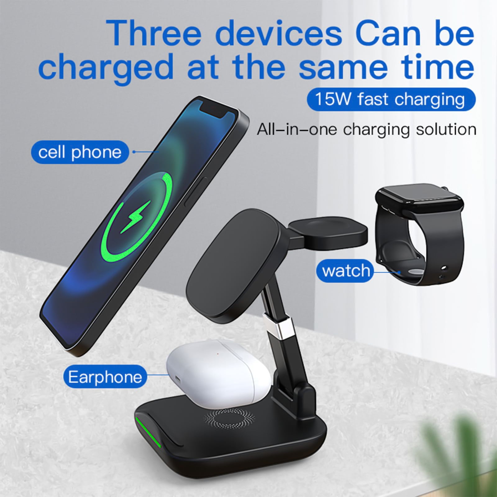 HOZVOMI Foldable Wireless Charging Station - 3-in-1 15W Magnetic Charger for Phone, Watch, Earbuds - Black