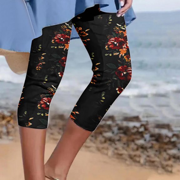 Binmer Womens Capris Plus Size with Pockets Women's Summer Casual Elastic Waist Printed Cropped Pants