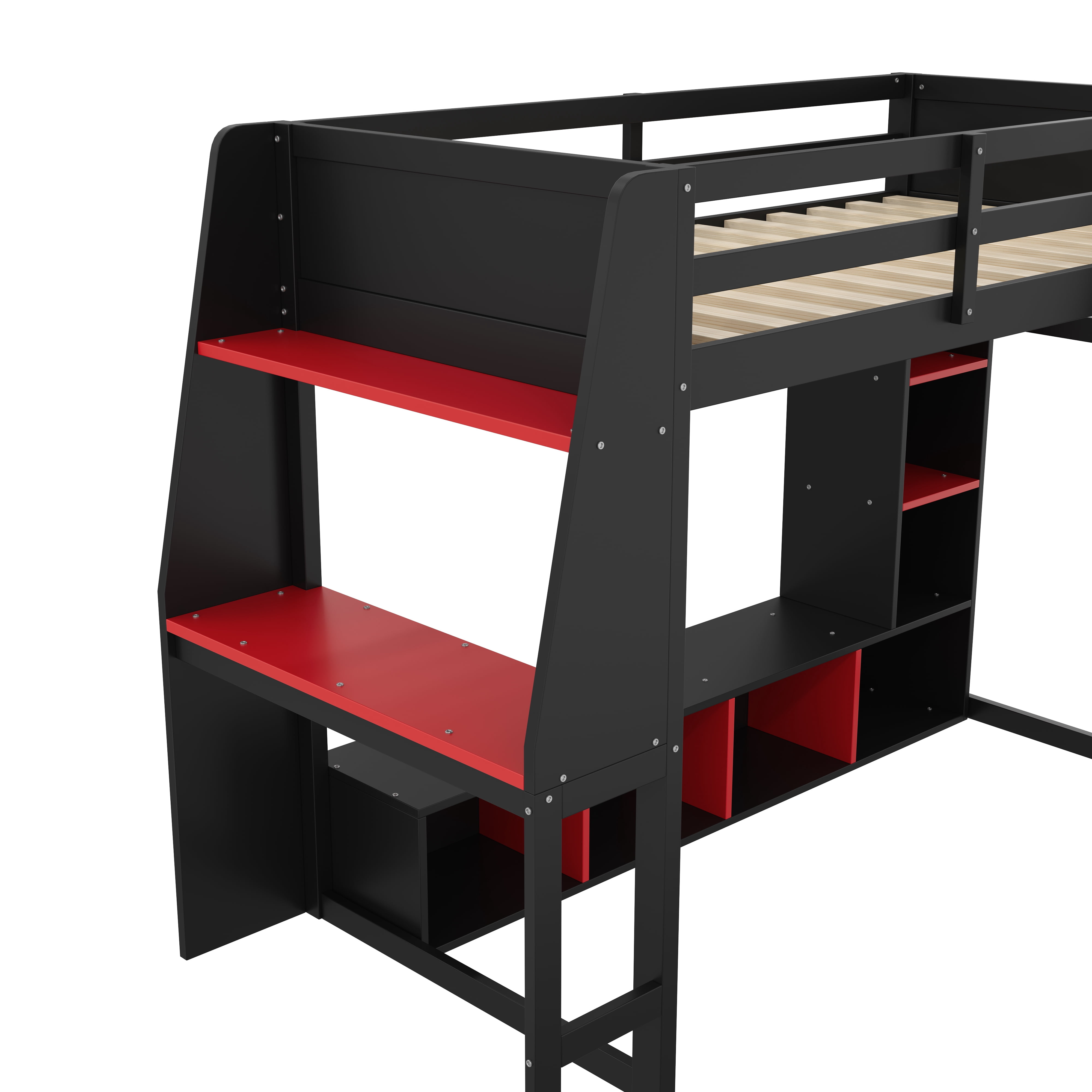 Euroco Modern Wood Twin Size Loft Bed with Desk and Clothes Hanger, Gaming Bed with Shelves and LED Light for Kids Teens, Black