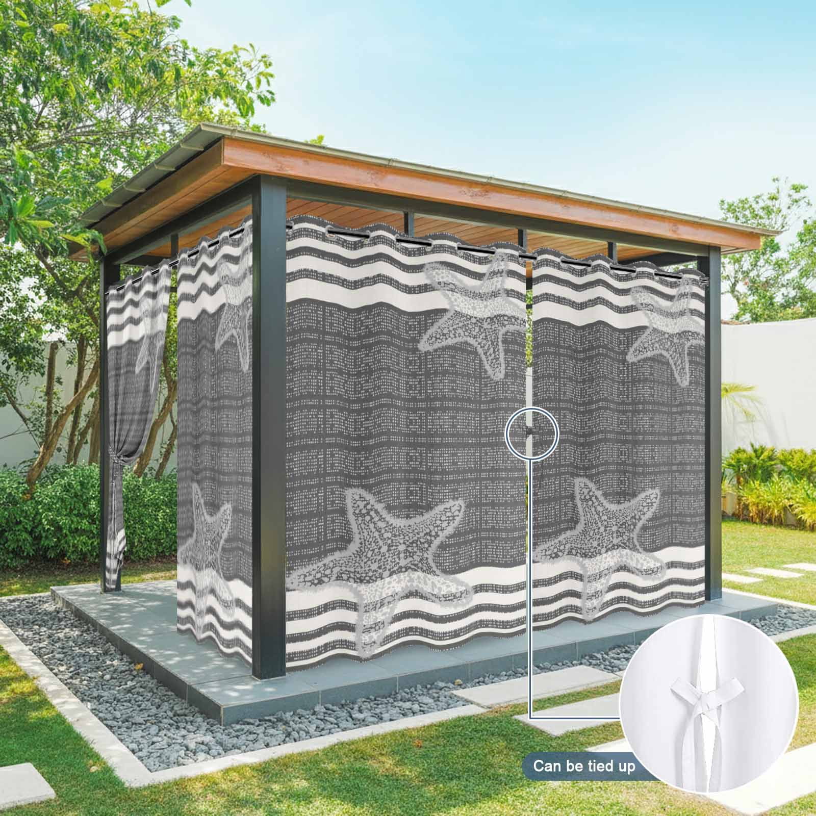 Pixel Black Star Outdoor Curtains for Patio, Modern Abstract Nautical Ocean Beach Starfish Stripe Sunshade Privacy Drapes Grommet Waterproof Outside Curtains for Porch Balcony 54"x108", 1 Panel