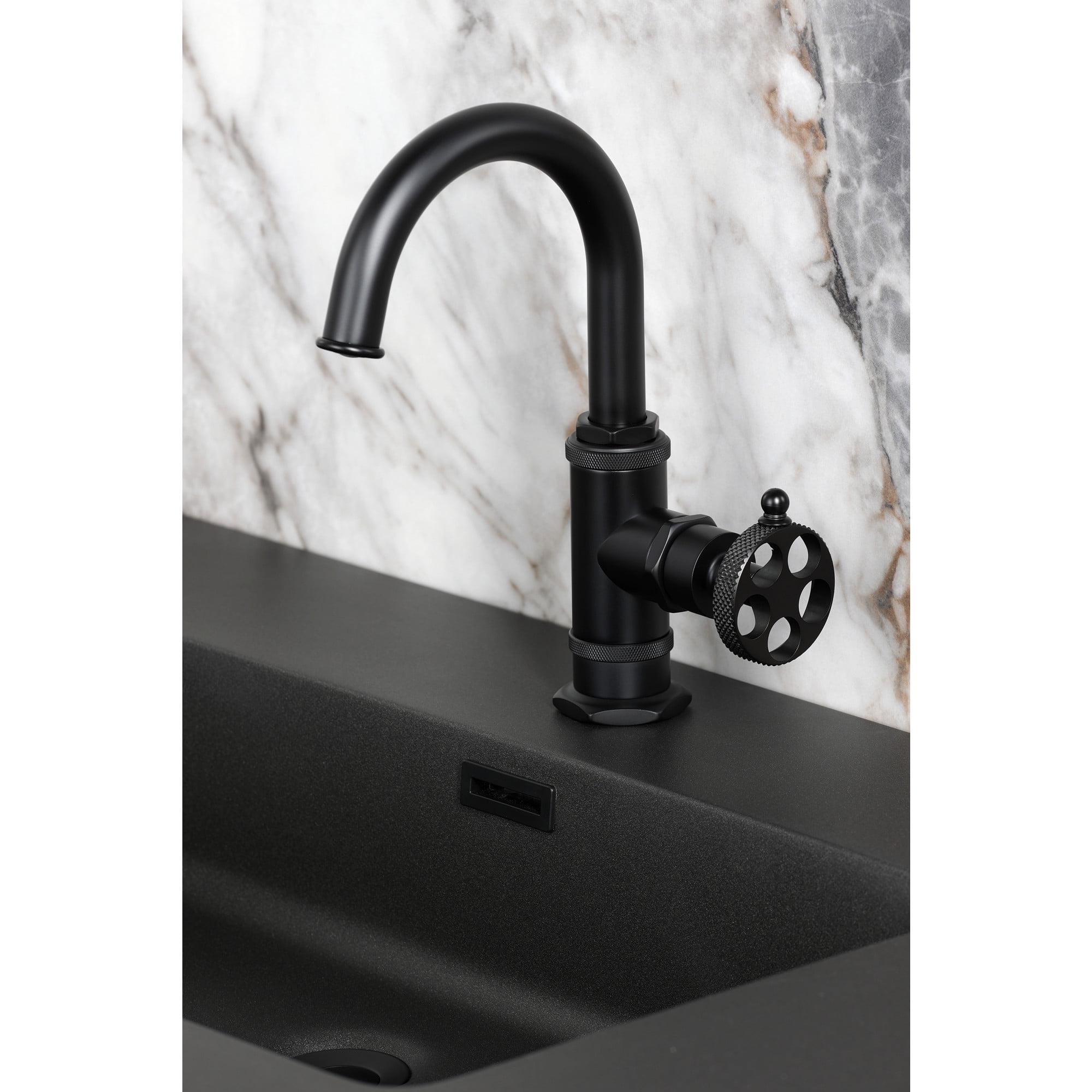 Kingston Brass KSD2210RKX Webb One-Handle 1-Hole Bathroom Faucet with Knurled Handle, Deck Plate, and Push Pop-Up Drain in Matte Black