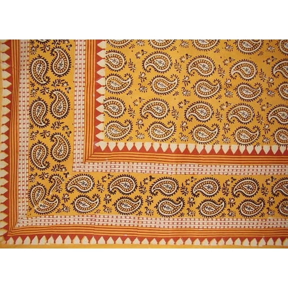 Primitive Paisley Block Print Tapestry Cotton Bedspread 108" x 88" Full-Queen Saffron