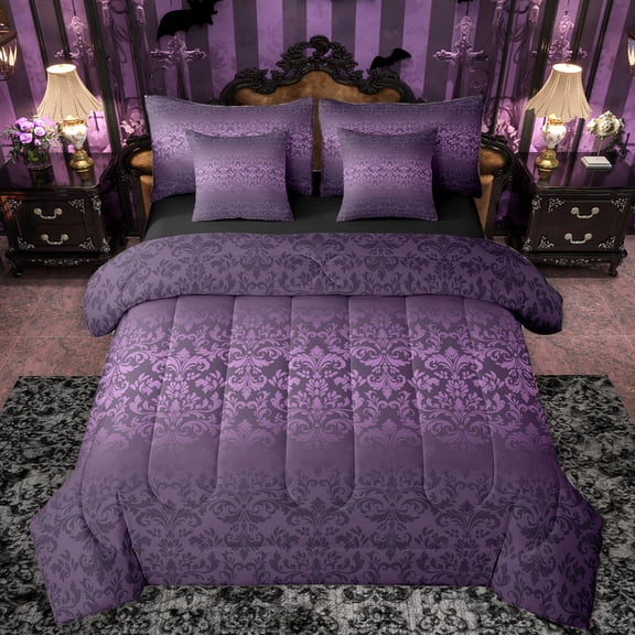 Manfei Damask Floral 7-Piece Twin Bedding Sets,Retro Baroque Flower Bedding Comforter Set,Purple Black Ombre Sheet Sets For Boys Kids,Microfiber Bedroom Decor Reversible