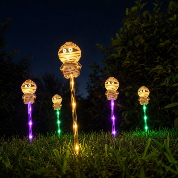 6 Styles Halloween Solar Ground Stake Lights Pumpkin Ghost Mummy Maple Leaf Waterproof LED Outdoor Garden Lamps Auto On/Off 2 Lighting Modes On/Flashing for Yard Party Decor