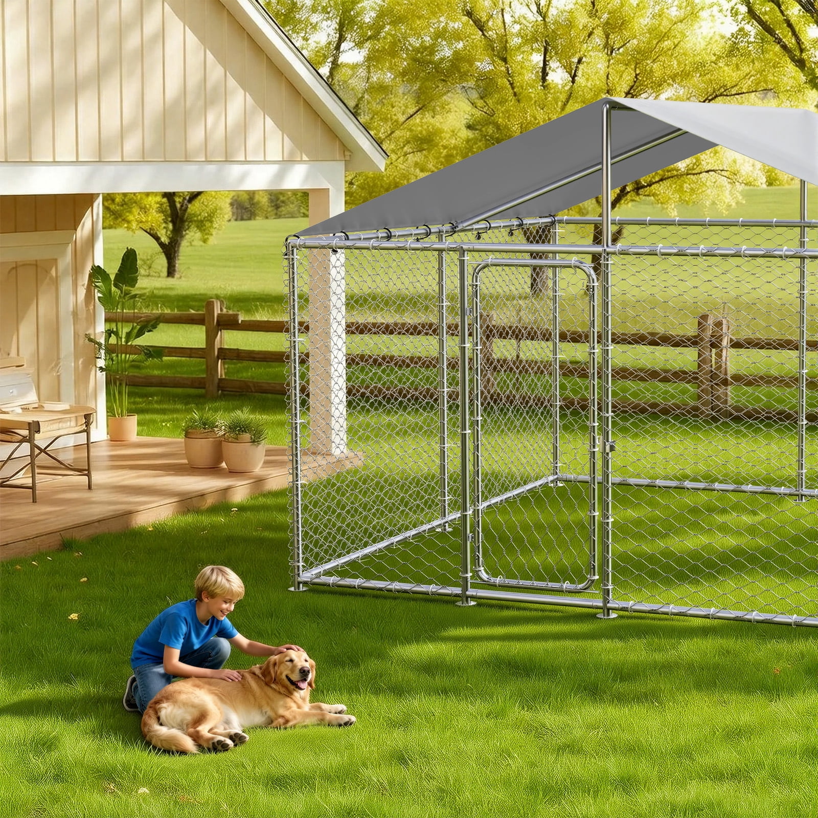 YOKWOK 10x10ft Outdoor Dog Kennel Outside with Metal Large Dog Gate, Outdoor Dog Pens with Roof, Heavy Duty Dog Kennel for Backyard Farm Use