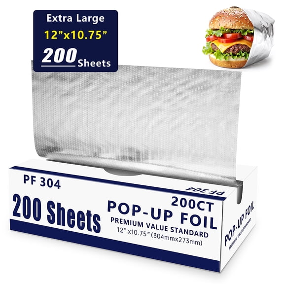 GPED Premium Pre-Cut Pop-Up Aluminum Foil Sheets 200 Sheets, 12”x10.75” Heavy-Duty Food-Grade Foil Wraps for Food Service, Sandwich Wrap, Baking, Restaurant and Home Kitchen Essentials