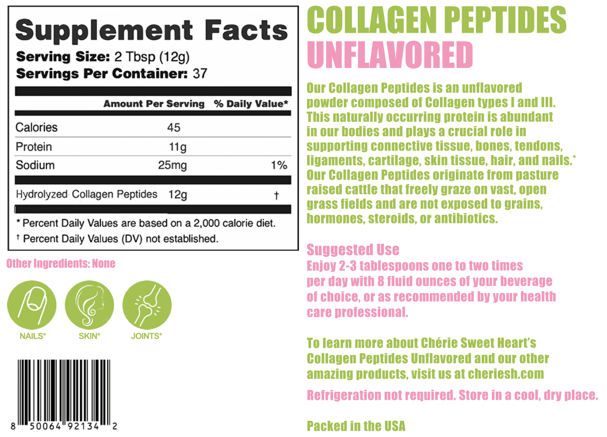 Cherie Sweet Heart Collagen Peptides Hydrolyzed Powder, 11 g, 37 Servings, Unflavored