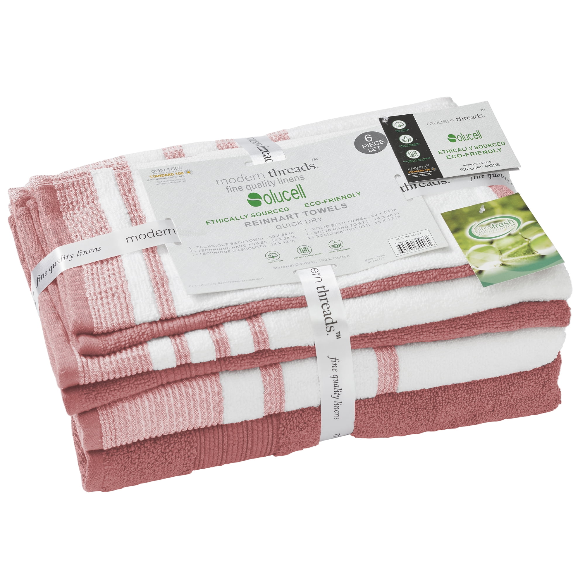 Modern Threads Reinhart 6-Piece Quick Dry Striped, Cotton Bath Towel Set, Rosewood Pink