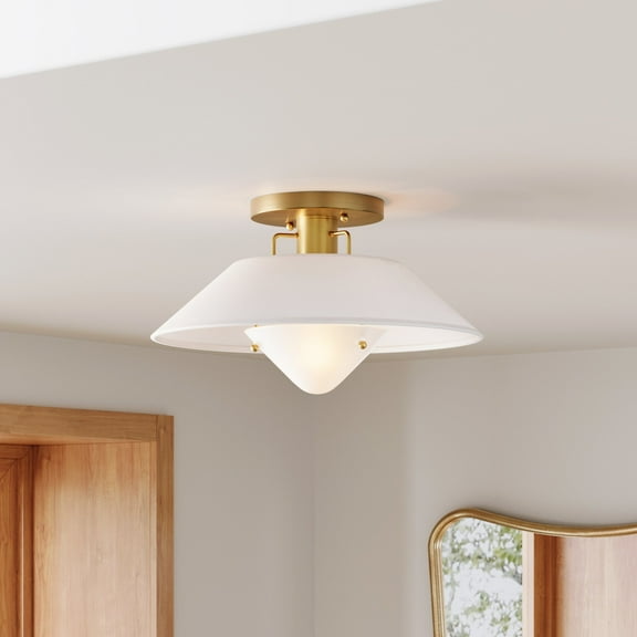 Nathan James Artisan Mid-Century Modern Flush Mount Ceiling Light, Flush Mount Lighting Fixture for Kitchen or Living Room with Brass Accent, Line Shade, and Frosted Glass Diffuser