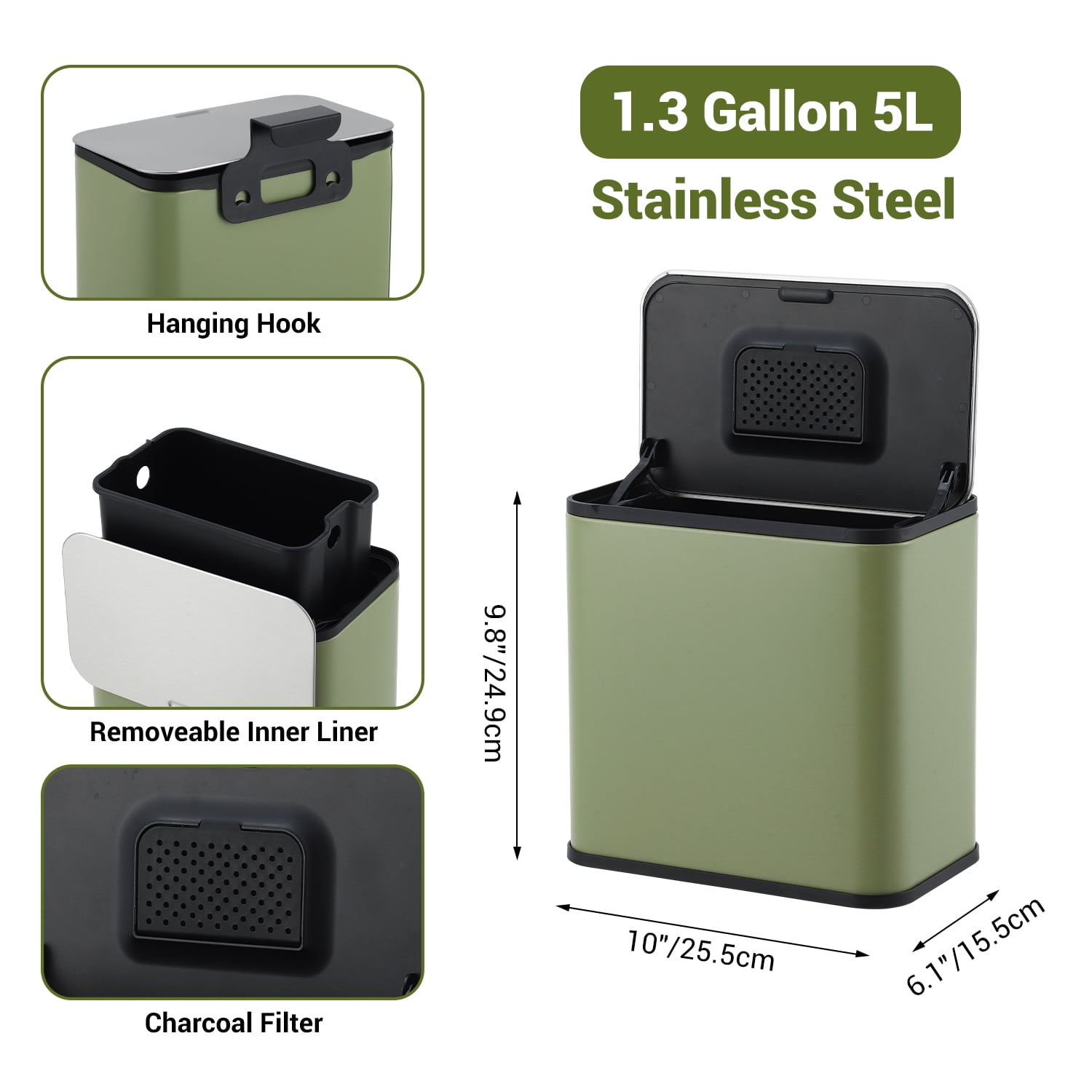 1.3 Gallon Stainless Steel Kitchen Waste Bin Compact Small Trash Can Durable Garbage Bin for Countertop Under Sink Bathroom Bedroom Cupboard - Green
