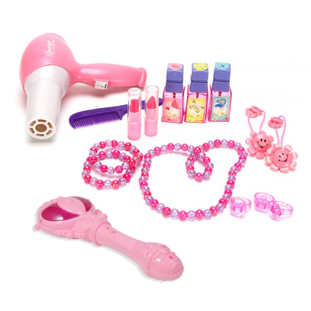juguete de mesa de maquillaje rosa, juguete de tocador para niña, juego de simulación para niñas, niños en casa Conjunto rosa frontal con espejo de plástico, secador de pelo rosa que funciona con baterías, peine, varita, dos barras de labios de juguete, collar y pulsera de cuentas rosas, diademas florales y tres frascos de accesorios simulados sobre fondo blanco; piezas de plástico, recomendado para mayores de 3 años.