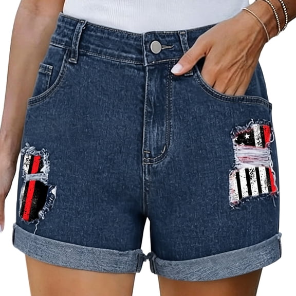 cocolona Summer Casual Forth of July Jean Shorts for Women Elastic Waist Cuffed Wide Leg Beach Shorts with Pockets