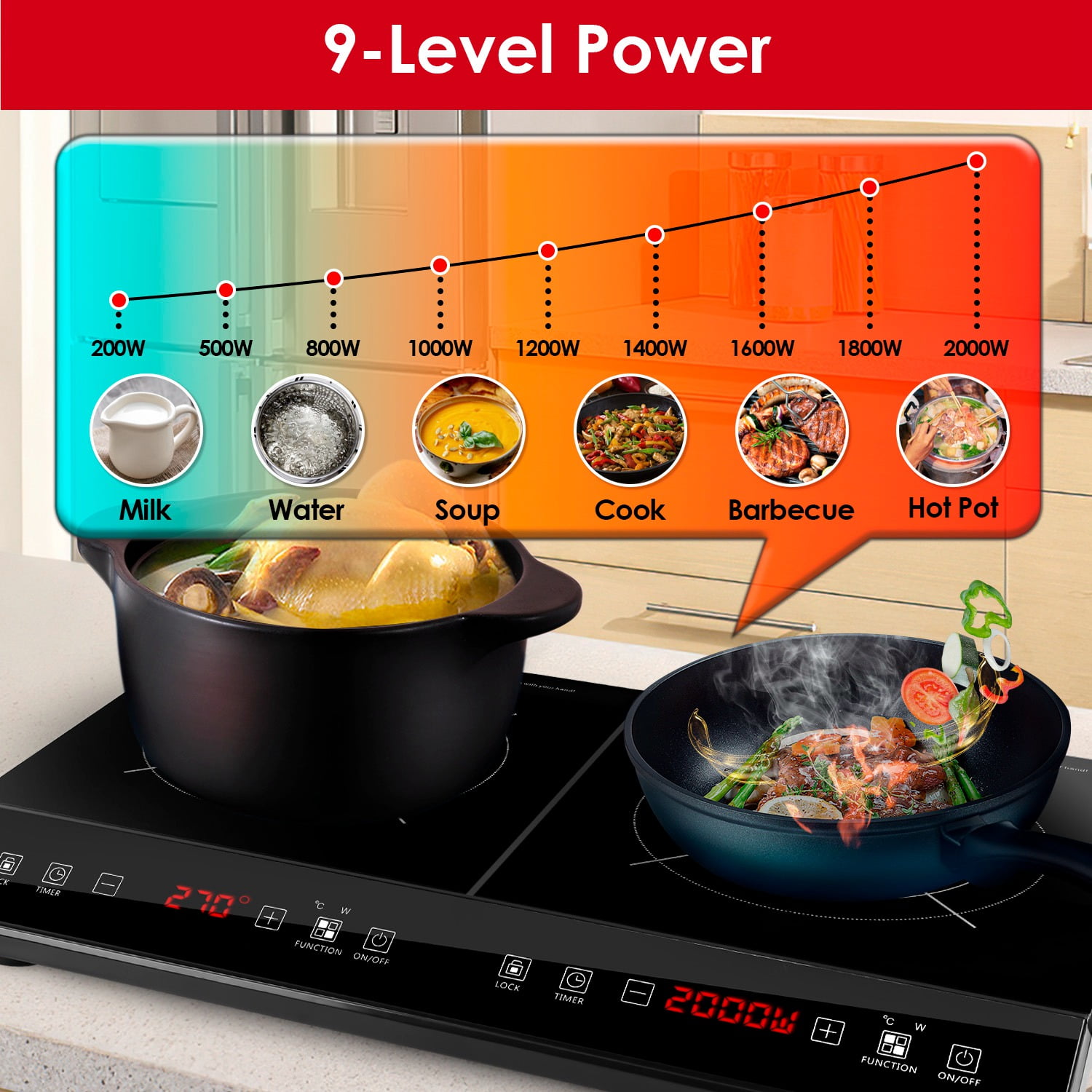 TeqHome Double Induction Cooktop 4000W Portable Induction Countertop with 9 Power Levels 9 Temperature Settiings From 176℉ to 518℉ Smart Timer 0-3H and Safety Lock Black
