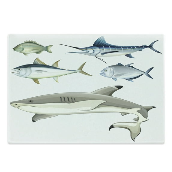 Aqua Cutting Board, Various Fish Predators with Swordfish Piranha and Chordate Aquatic Oceanic Image, Decorative Tempered Glass Cutting and Serving Board, Large Size, Grey and Grey, by Ambesonne