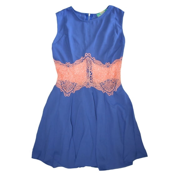 English Rose Women's Sleeveless Blue Dress with Peach Lace Middle - Small