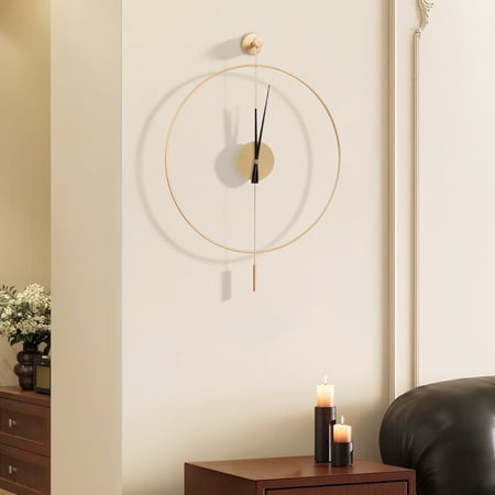 Classical Large Decorative Wall Clock with Pendulum, Modern Round Non-Ticking Silent Metal Wall Clock for Living Room, Bedroom, Study, Office, 23.6 (Gold)