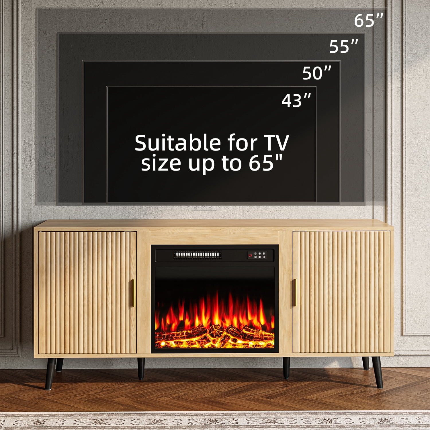 Bossin 58" Wood Mid Century Modern TV Stand with Fireplace, Entertainment Center up to 65" TV,Electric Fireplace TV Stand for Living Room