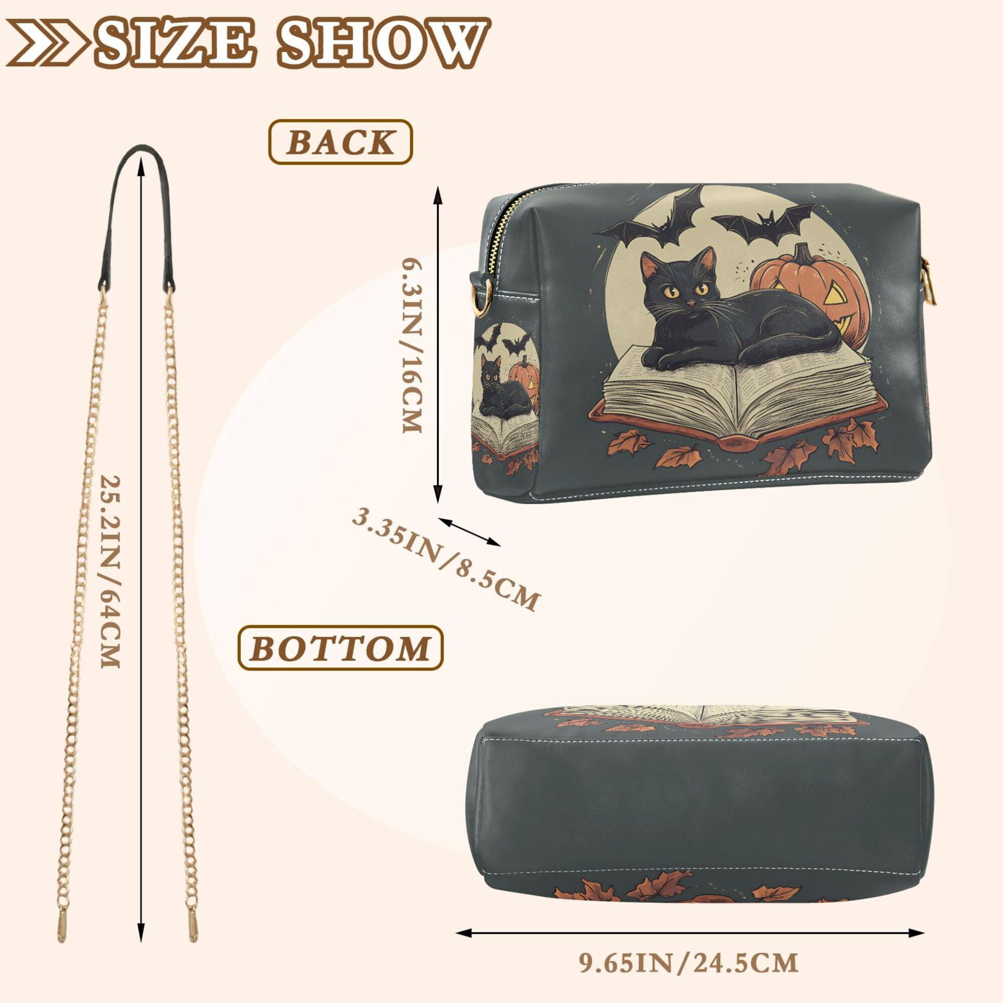 FORMRS Women Crossbody Purse with Chain Strap Vegan Leather Shoulder Handbag, Black Halloween Cat