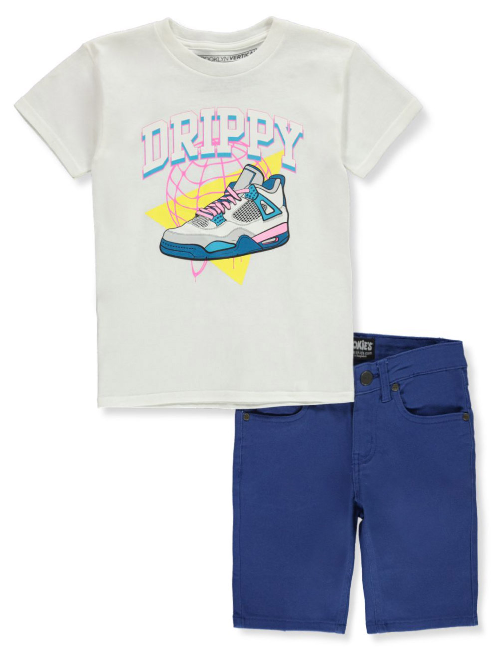 Brooklyn Vertical Boys' 2Piece Drip Shorts Set Outfit white/royal