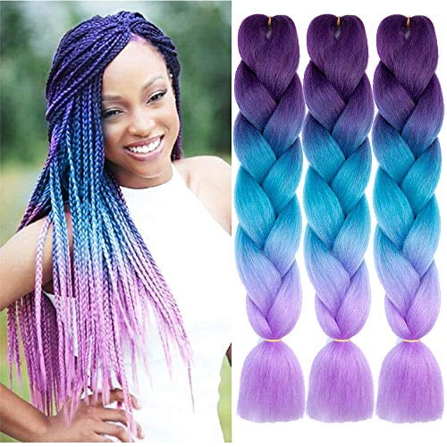 NATURAL BEAUTY Synthetic Braiding Hair Bundles Kanekalon Hair Ombre Twist  Braiding Hair Fiber Jumbo Hair Extensions for Women (3 Bundles, Purple-Lake  Blue-Light Purple) 