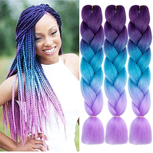 NATURAL BEAUTY Synthetic Braiding Hair Bundles Kanekalon Hair Ombre Twist Braiding Hair Fiber Jumbo Hair Extensions for Women (3 Bundles, Purple-Lake Blue-Light Purple) NATURAL BEAUTY Synthetic Braiding Hair Bundles Kanekalon Hair Ombre Twist Braiding Hair Fiber Jumbo Hair Extensions for Women (3 Bundles, Purple-Lake Blue-Light Purple)