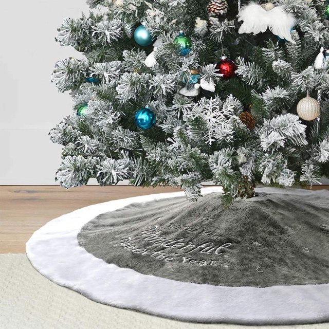Falda para árbol de Navidad Dremisland 36, lujosa, piel sintética, color blanco y gris