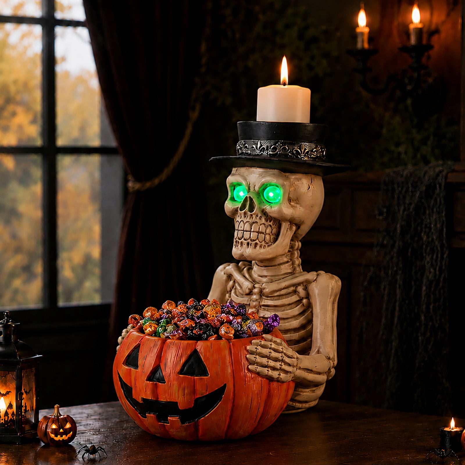 Alvantor Halloween Skeleton Decorations Table Decor with Pumpkin Bowl & Candle Holder