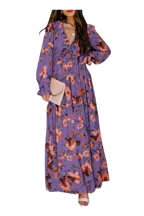 Womens Dresses Boho Floral Print Casual Deep V Neck Long Sleeve Evening Wedding Maxi Dress S-XL