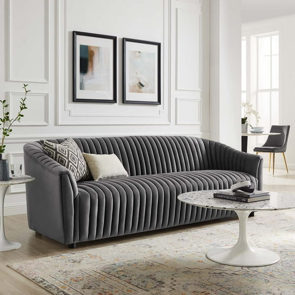 Modway Announce Performance Velvet Channel Tufted Sofa in Charcoal