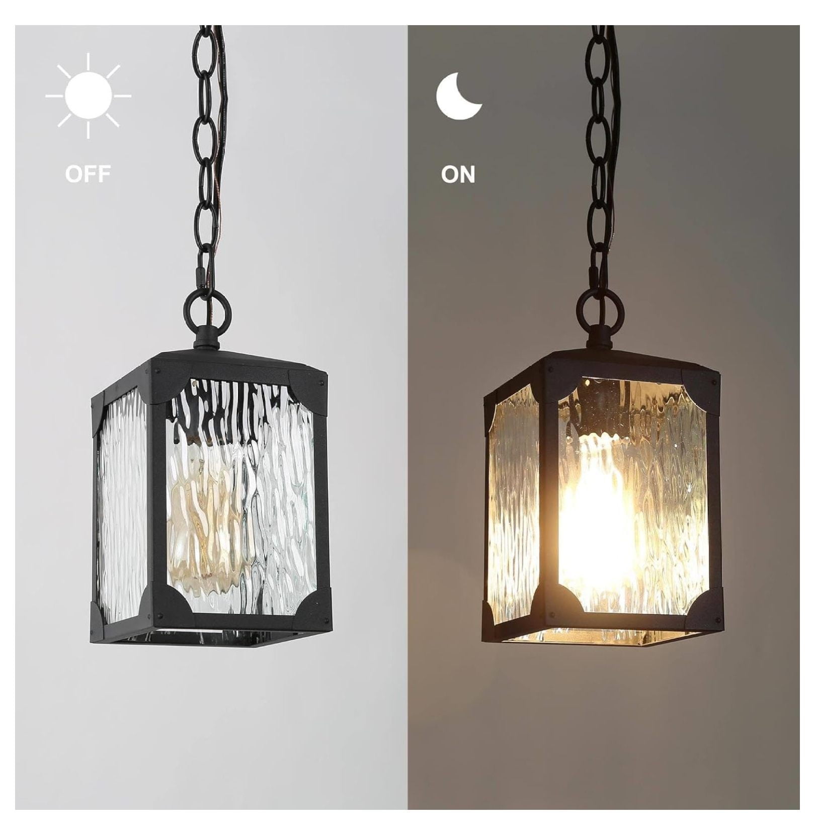 Outdoor Pendant Light Fixture, Farmhouse Exterior Lights, Anti-Rust Ceiling Outdoor Light with Water Ripple Glass, Square Hanging Lantern for Front Door, Entry, Porch, and Gazebo