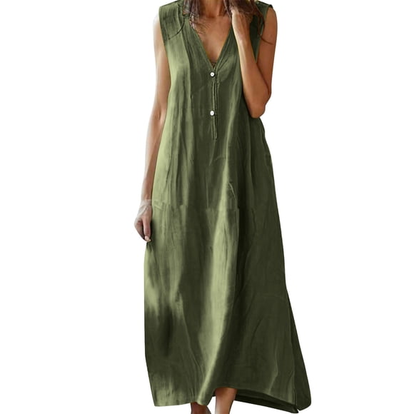 Staron Sun Dresses for Women 2025 Vacation Boho Fashion 2025 Summer Casual Sun Dresses Cotton Linen Sleeveless V Neck Button Beach Vacation Sundresses