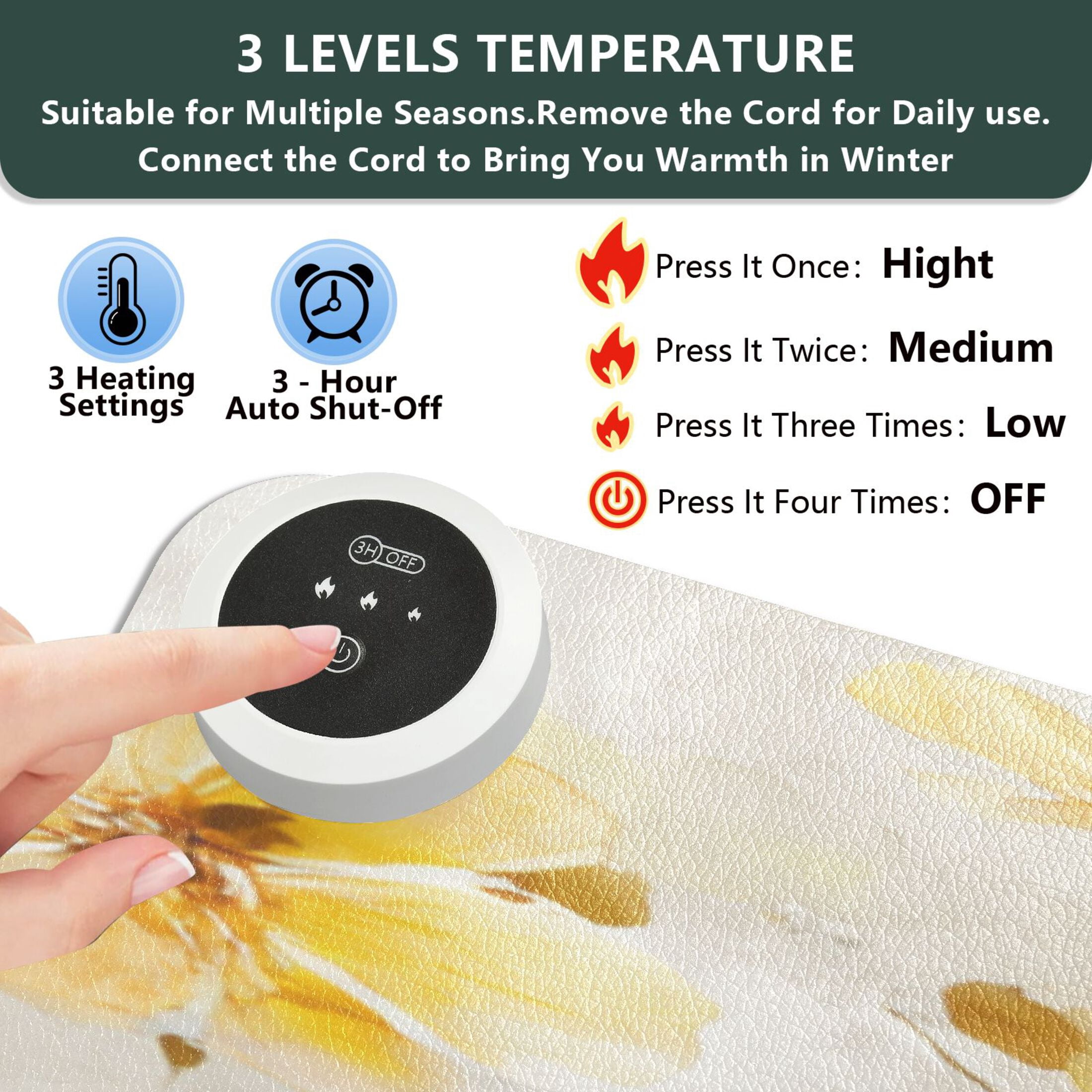 Large Heated Desk Mat Mouse Pad 31.5"x13"PU Leather Graphene Heating Desk Warmer with 3 Temperature Settings 110V US Plug Non-Slip Warm Pad for Home, Office, and Gaming Cream Yellow Watercolor Floral