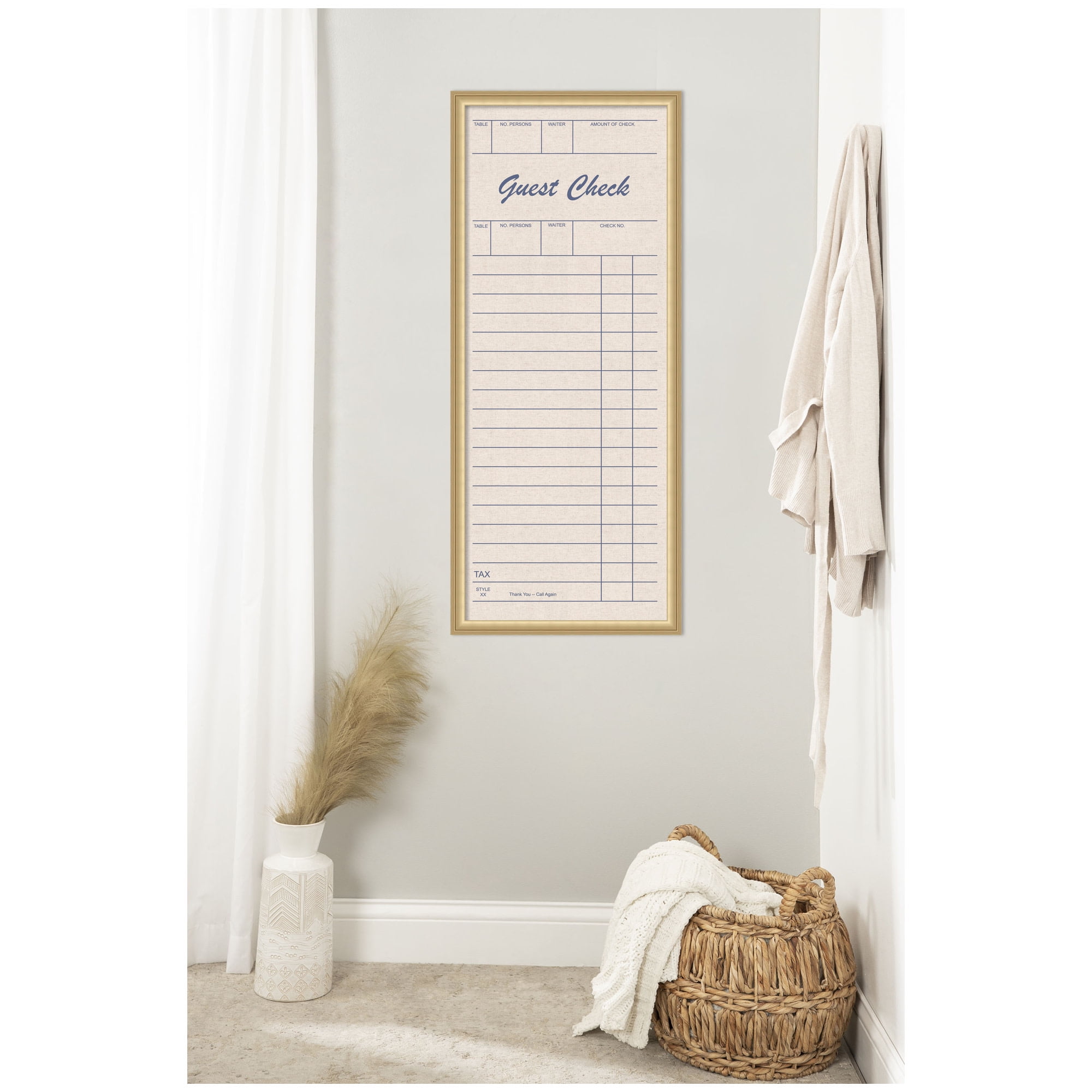 Kate and Laurel Framed Fabric Pinboard 18 x 42, Linen Guest Check Printed Linen Classic Bulletin Board for Use as a Vision Board or Wall Organization, Florence Gold Frame