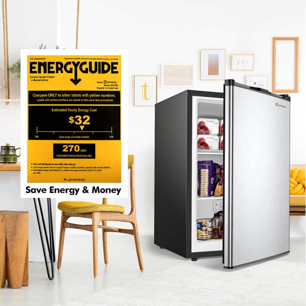 Spaco 3 Cubic Feet Compact Upright Freezer with Stainless Steel Door, Compact Refrigerator for Dorm, Office, Bedroom