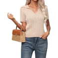 thumbnail image 2 of Women's V Neck Short Sleeve Collared Cable Sweaters Tops Solid Knit Soft Pullover Shirt Top for Casual Khaki S, 2 of 10