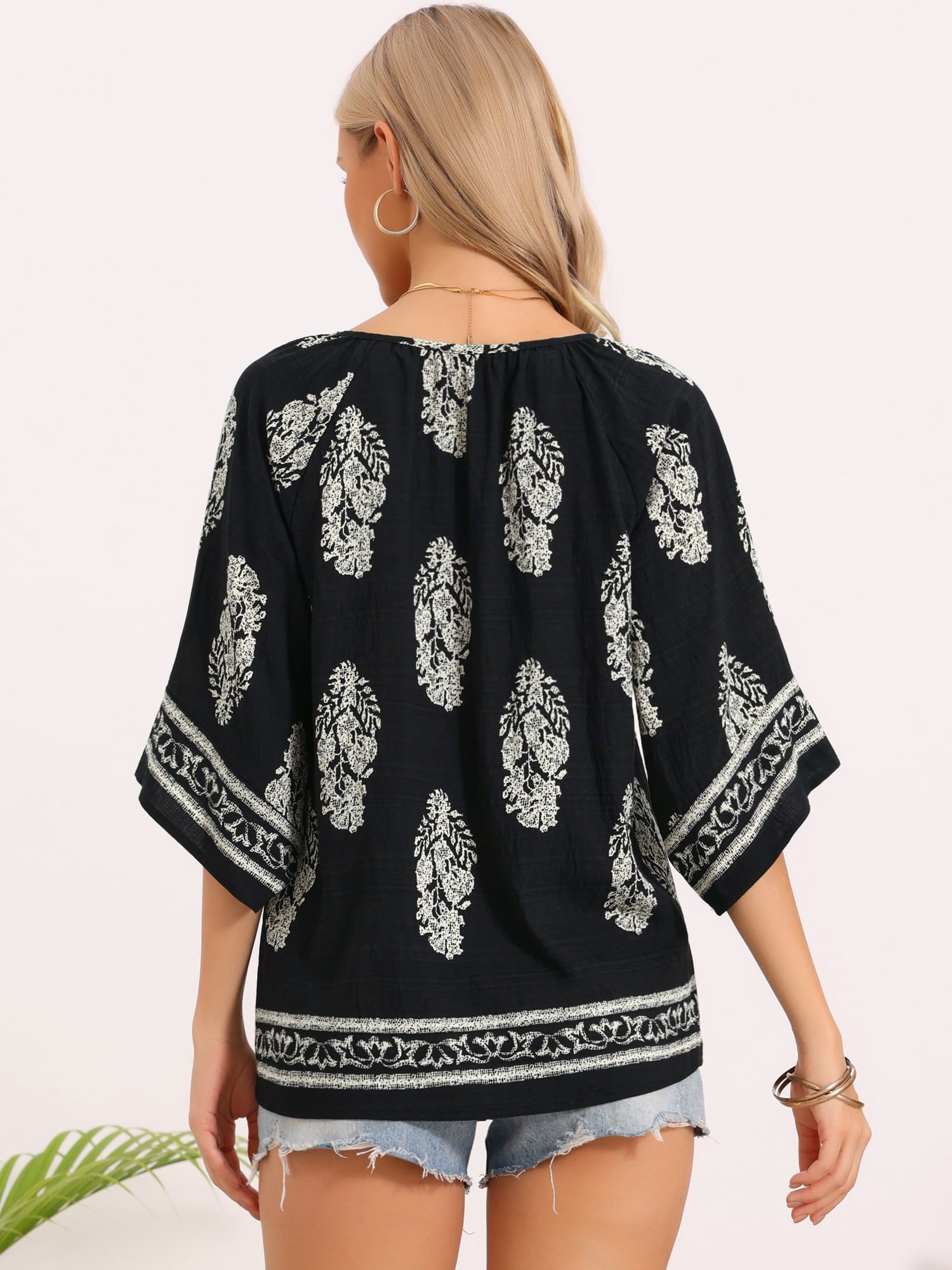 DARING DIVA Women's Boho Tops Summer 3/4 Sleeve V Neck Loose Blouses S Black