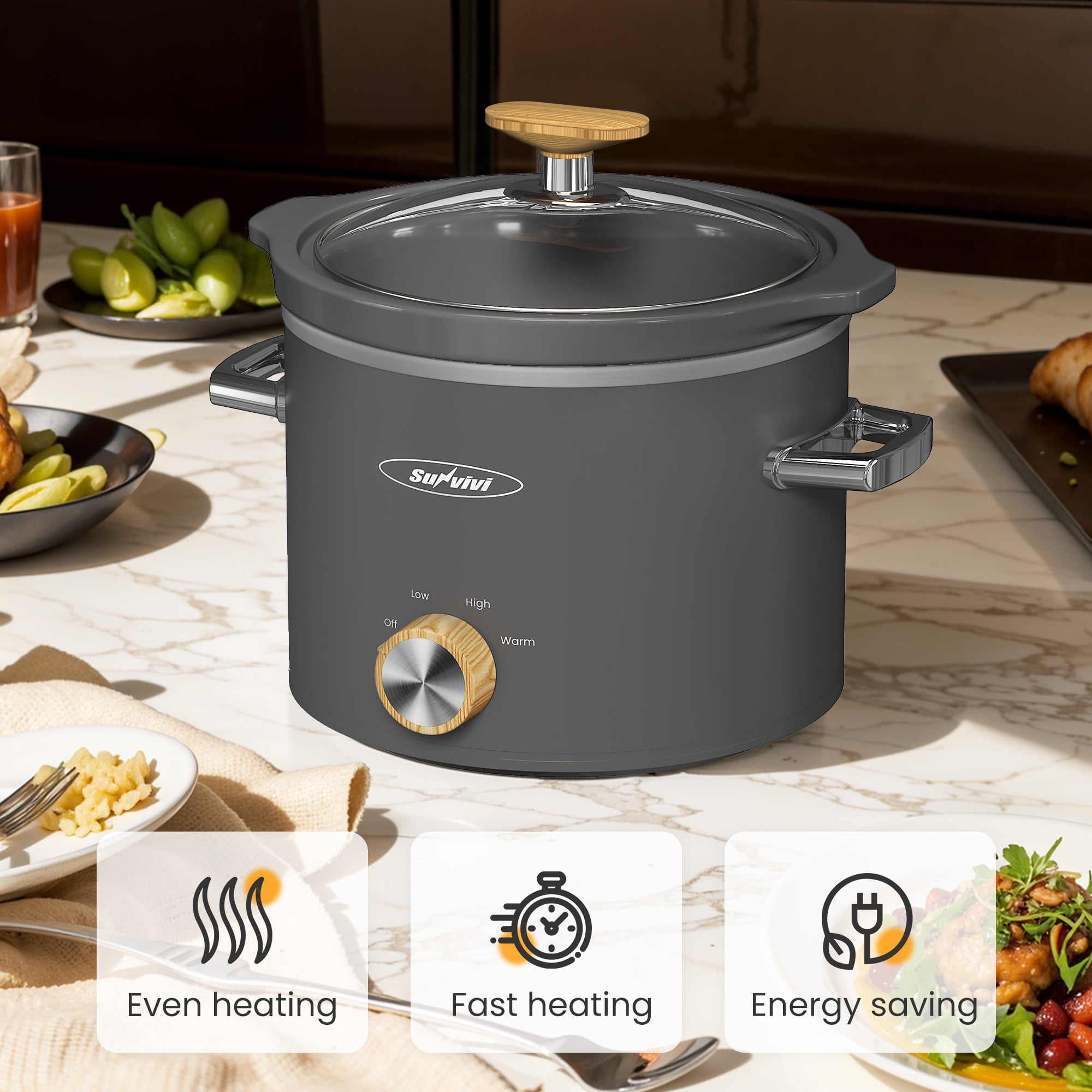 Sunvivi 2 Quart Slow Cooker with Removable Ceramic Pot and 3 Heating Settings, Grey