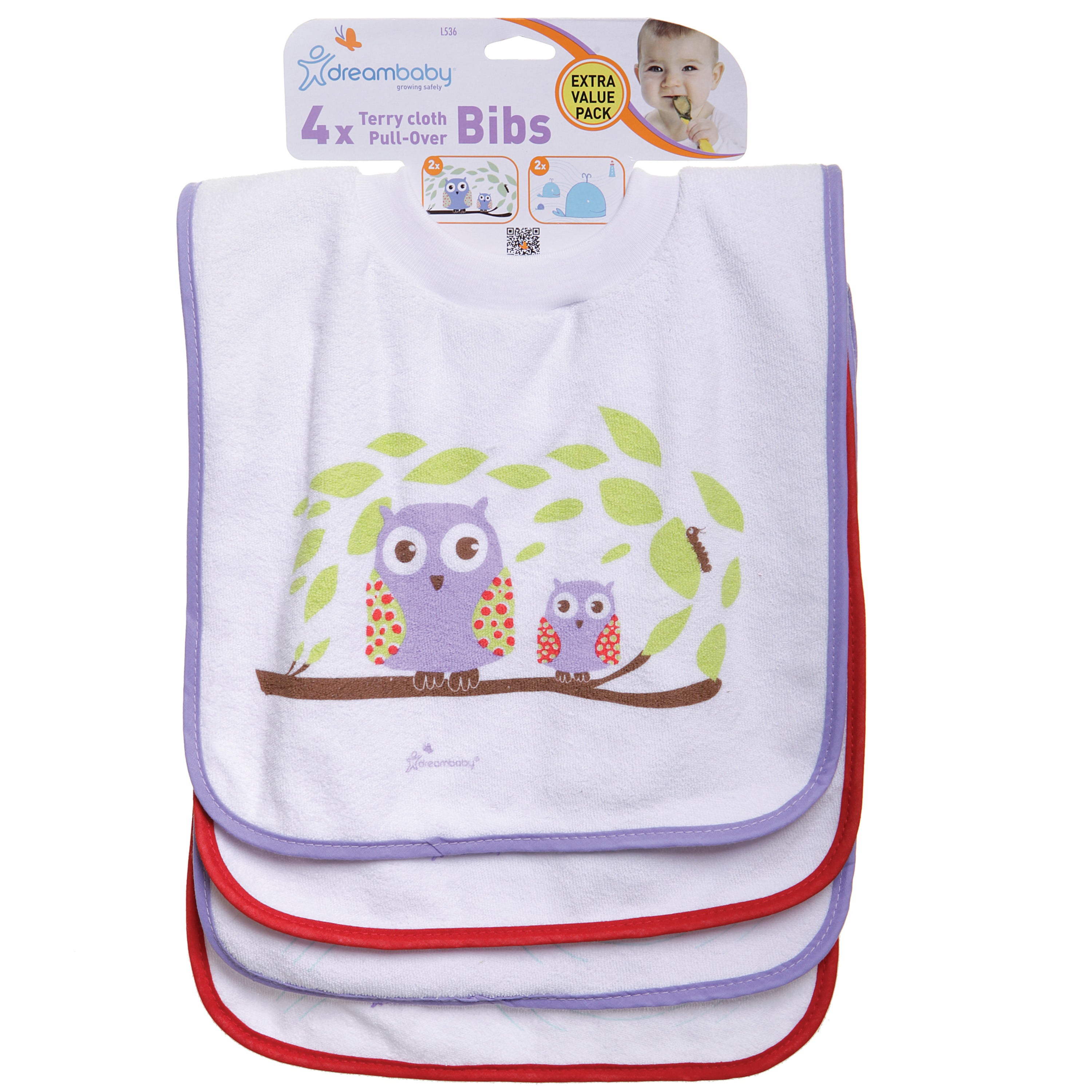 4 pack Dreambaby Baby Pull Over Terry Cloth Bibs Pets Cats and Dogs 