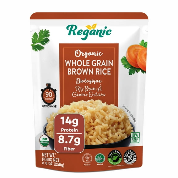 Reganic Organic Whole Grain Brown Rice Microwaveable Heat & Eat Rice, 8.8 Ounce (Pack of 6) | USDA Certified Organic, GMO-Free | Fresh Ingredients | Flavored Side Dish