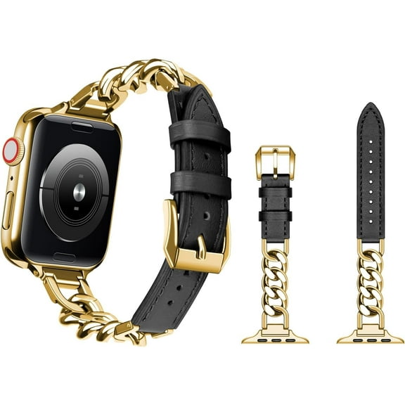 KOMI Leather Band Compatible with Apple Watch Band 41mm 40mm 38mm 49mm 45mm 44mm 42mm Women, Fancy Leather Strap Stainless Steel Cowboy Chain Bracelet for iWatch 10/9/8/7/6/5/4/3/2/1/SE/Ultra 2