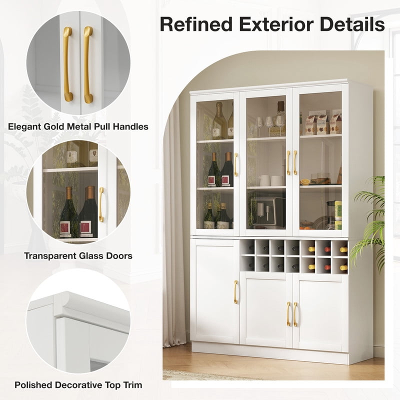 Tall Wine Storage Cabinet with Glass Doors, Freestanding Home Bar Pantry Cabinet with Goblet Rack & 18-Bottle Grid