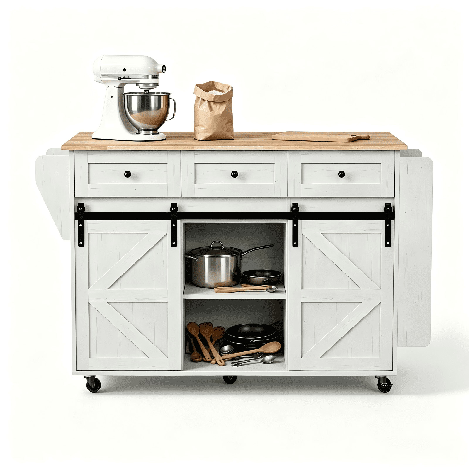 2 Barn Doors with Sliding Rails 3 Drawers 3 Shelves Serving Cart Rubberwood Countertop + MDF Cabinet Dining Cart, 47.24*29.49*35.08in, White