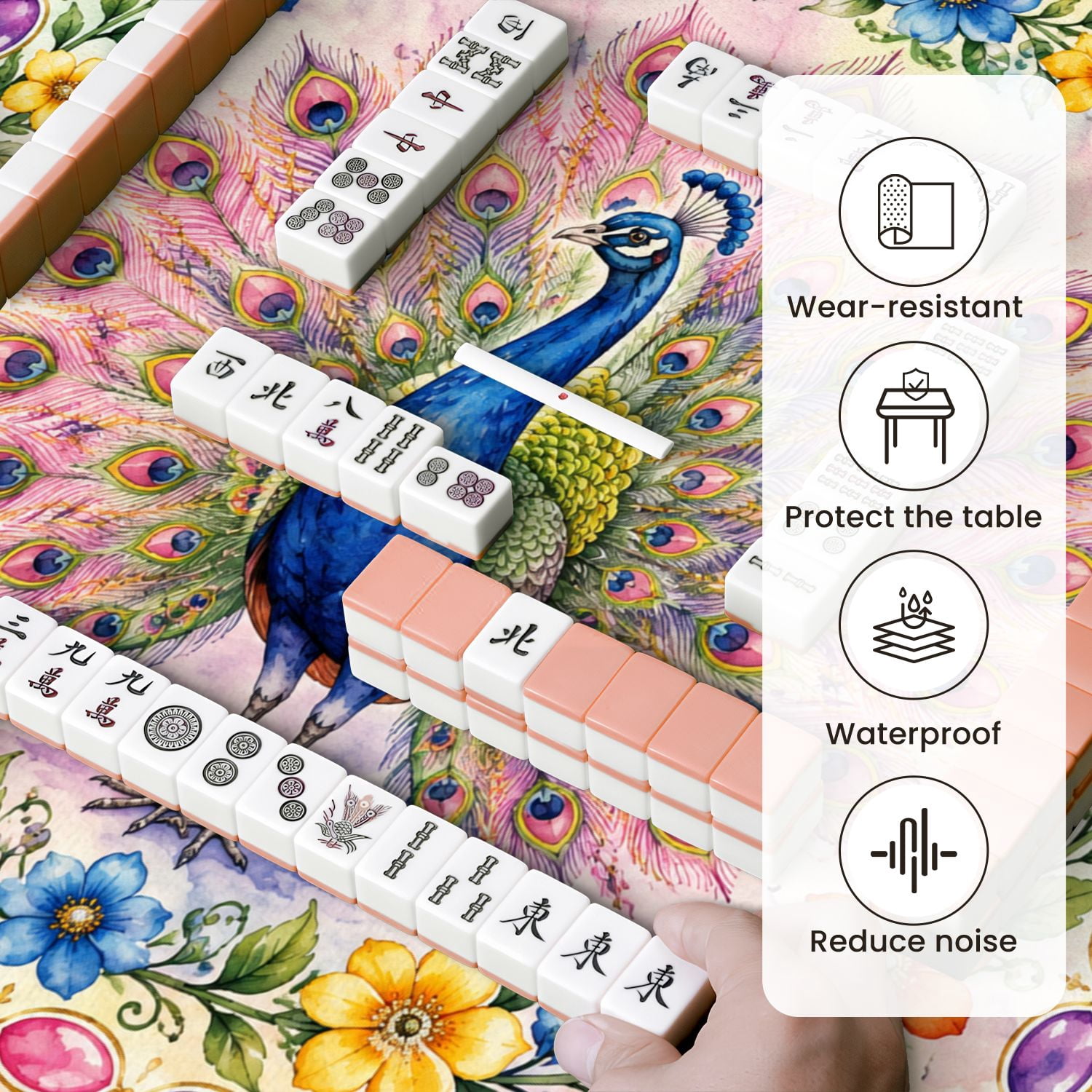 Mahjong Mat 31.5" x 31.5" Colorful Peacock Spread Feathers Floral Border Non-Slip Noise Reduction Mahjong Tiles Table Cover for Dominoes Poker Card Board and Tile Games